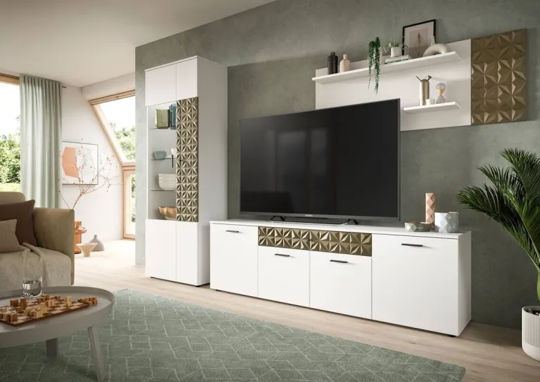 TV-Lowboard Prisma weiß gold Optik B/H/T: ca. 190x57x37 cm
