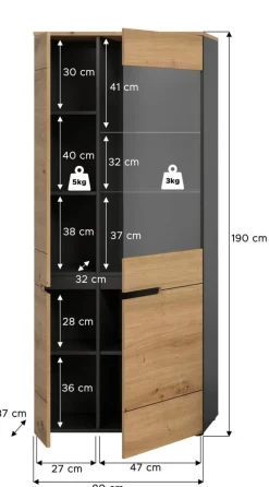 Vitrine Canu basaltgrau Nachbildung Artisan Oak Nachbildung B/H/T: ca. 190x80x37 cm