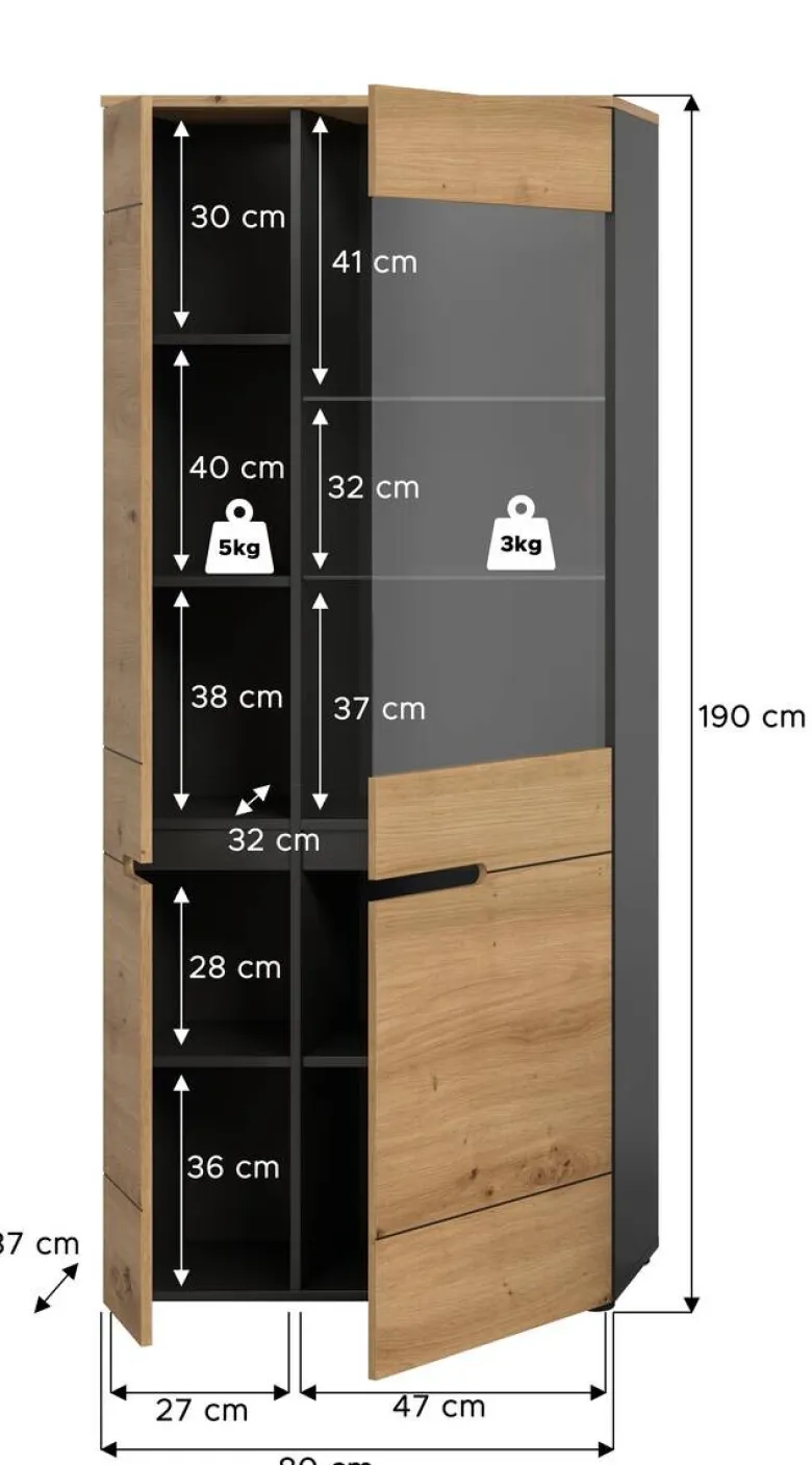 Vitrine Canu basaltgrau Nachbildung Artisan Oak Nachbildung B/H/T: ca. 190x80x37 cm