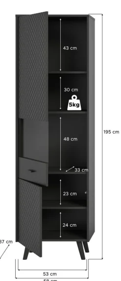 Vitrinenschrank LINEA grau schwarz B/H/T: ca. 58x195x37 cm