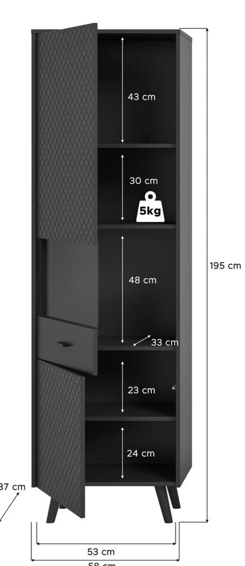 Vitrinenschrank LINEA grau schwarz B/H/T: ca. 58x195x37 cm