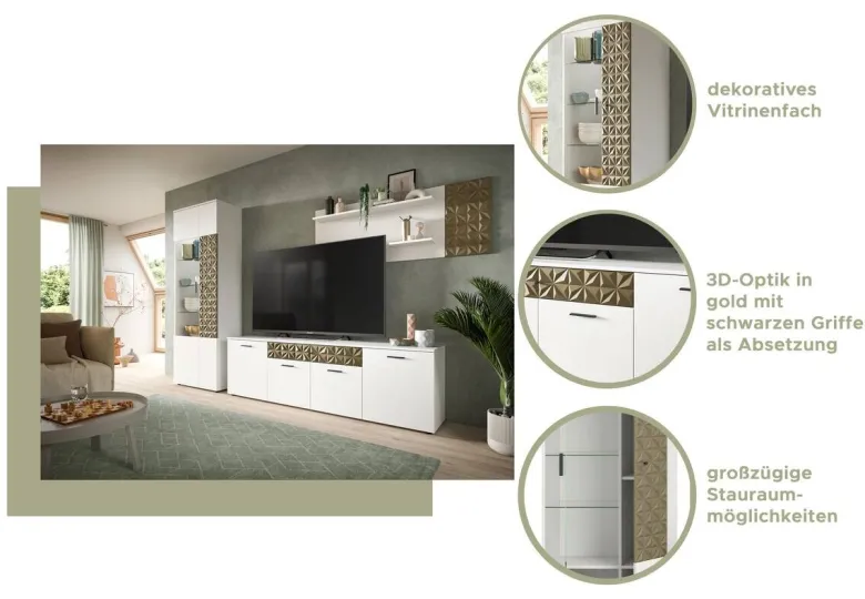 Vitrinenschrank Prisma weiß gold Optik B/H/T: ca. 70x195x37 cm