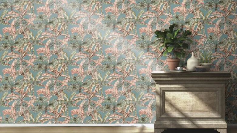 Vliestapete Palmenblätter blau grün beige B/L: ca. 53x1005 cm