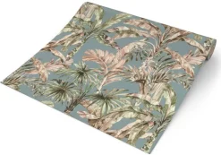 Vliestapete Palmenblätter blau grün beige B/L: ca. 53x1005 cm