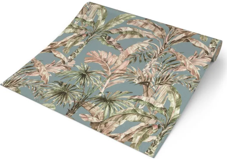 Vliestapete Palmenblätter blau grün beige B/L: ca. 53x1005 cm