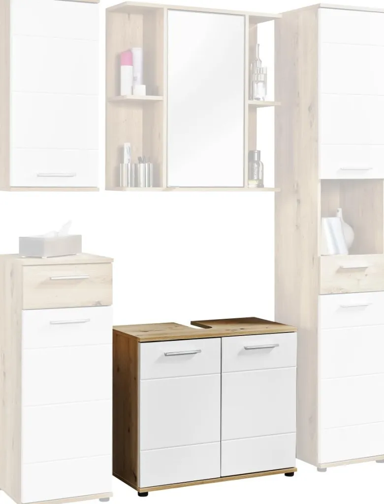 Waschbeckenunterschrank Bergen Eiche Artisan Nachbildung weiß Hochglanz B/H/T: ca. 70x61x35 cm