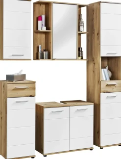 Waschbeckenunterschrank Bergen Eiche Artisan Nachbildung weiß Hochglanz B/H/T: ca. 70x61x35 cm