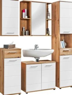 Waschbeckenunterschrank Bergen Eiche Artisan Nachbildung weiß Hochglanz B/H/T: ca. 70x61x35 cm