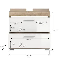 Waschbeckenunterschrank Lambada Eiche Sonoma Nachbildung weiß Hochglanz B/H/T: ca. 60x56x37 cm