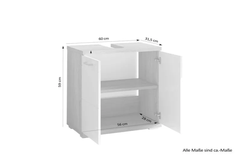 Waschbeckenunterschrank NEBRASKA Eiche Nachbildung weiß Lack Hochglanz silber B/H/T: ca. 60x59x31,5 cm