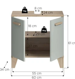 Waschbeckenunterschrank STAR hellgrün Eiche hell Nachbildung B/H/T: ca. 60x61x34 cm