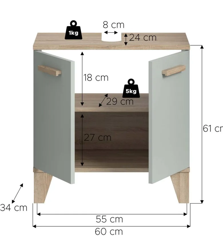Waschbeckenunterschrank STAR hellgrün Eiche hell Nachbildung B/H/T: ca. 60x61x34 cm