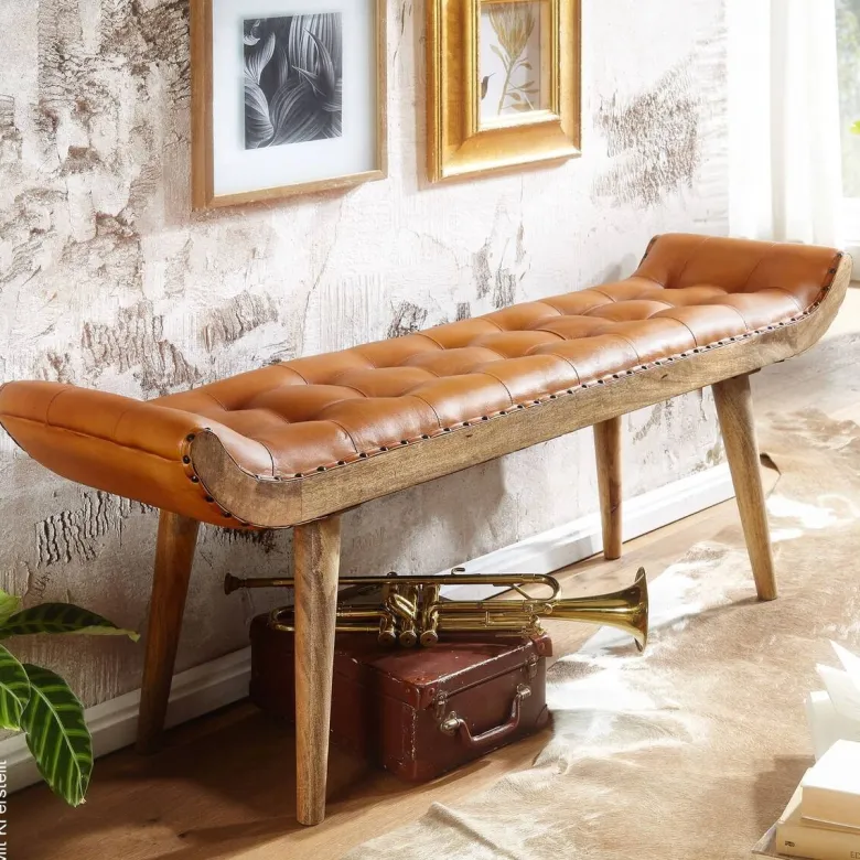 Wohnling Sitzbank braun natur Leder Echtholz B/H/T: ca. 125x50x38 cm