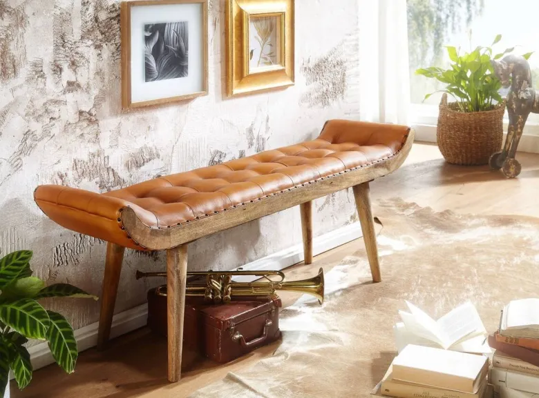 Wohnling Sitzbank braun natur Leder Echtholz B/H/T: ca. 125x50x38 cm