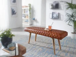 Wohnling Sitzbank braun natur Leder Echtholz B/H/T: ca. 115x53x38 cm