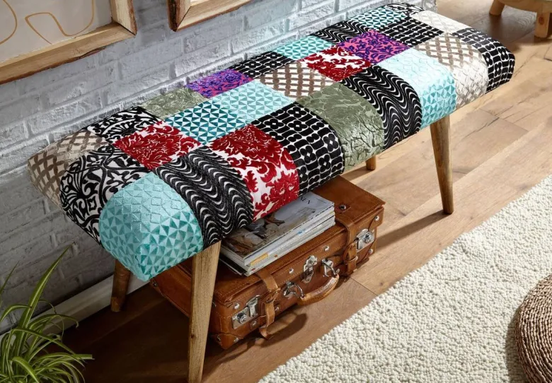 Wohnling Sitzbank bunt natur Stoff Echtholz B/H/T: ca. 117x51x38 cm