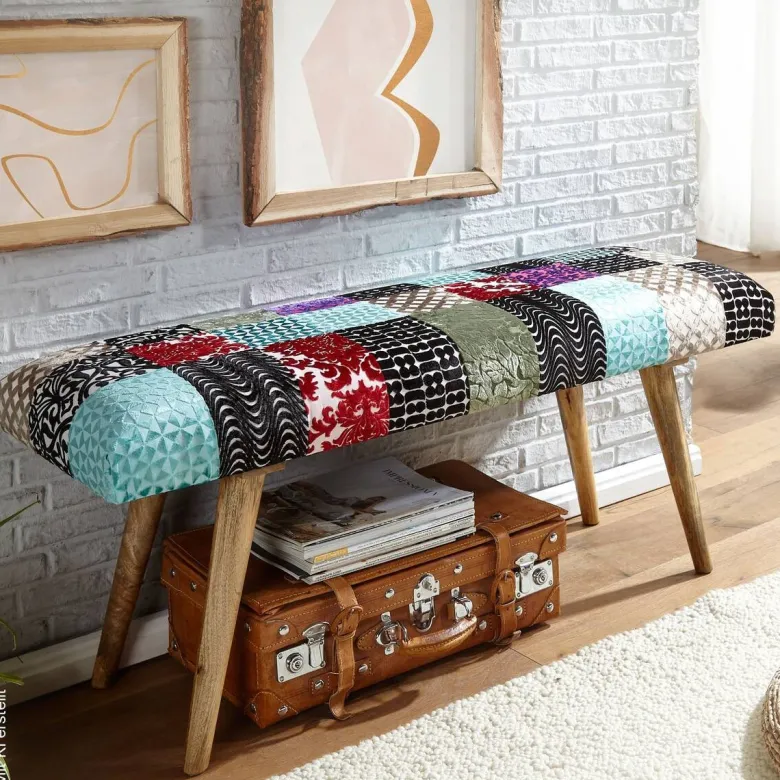Wohnling Sitzbank bunt natur Stoff Echtholz B/H/T: ca. 117x51x38 cm