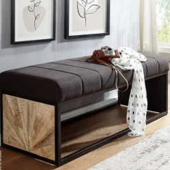 Wohnling Sitzbank dunkelbraun schwarz natur Stoff Eisen Echtholz B/H/T: ca. 105x40x40 cm