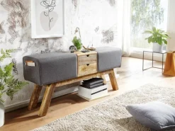 Wohnling Sitzbank grau natur Stoff Echtholz B/H/T: ca. 120x56x30 cm