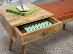Wohnling Sitzbank natur braun Echtholz Leder B/H/T: ca. 100x52x38 cm