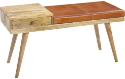 Wohnling Sitzbank natur braun Echtholz Leder B/H/T: ca. 100x52x38 cm