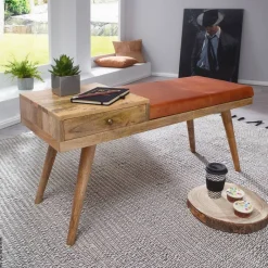 Wohnling Sitzbank natur braun Echtholz Leder B/H/T: ca. 100x52x38 cm