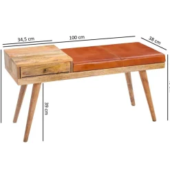 Wohnling Sitzbank natur braun Echtholz Leder B/H/T: ca. 100x52x38 cm