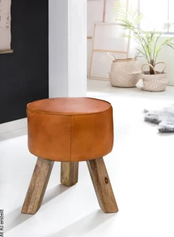 Wohnling Sitzhocker braun natur Leder Echtholz B/H/T: ca. 37x45x37 cm
