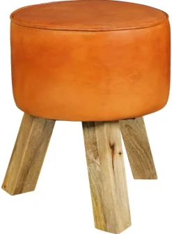 Wohnling Sitzhocker braun natur Leder Echtholz B/H/T: ca. 37x45x37 cm