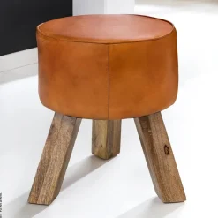 Wohnling Sitzhocker braun natur Leder Echtholz B/H/T: ca. 37x45x37 cm