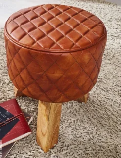 Wohnling Sitzhocker braun natur Leder Echtholz B/H/T: ca. 35x46x35 cm
