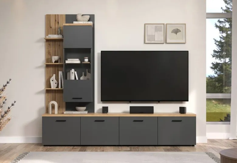 Wohnwand Baggio Eiche Evoke Coast Nachbildung anthrazit B/H/T: ca. 240x211x40 cm