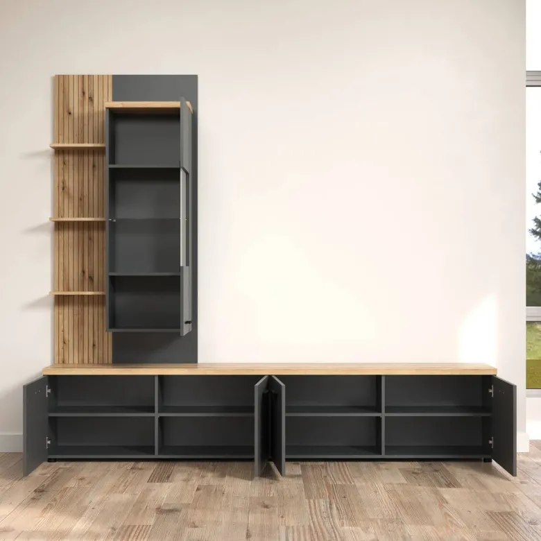 Wohnwand Baggio Eiche Evoke Coast Nachbildung anthrazit B/H/T: ca. 240x211x40 cm