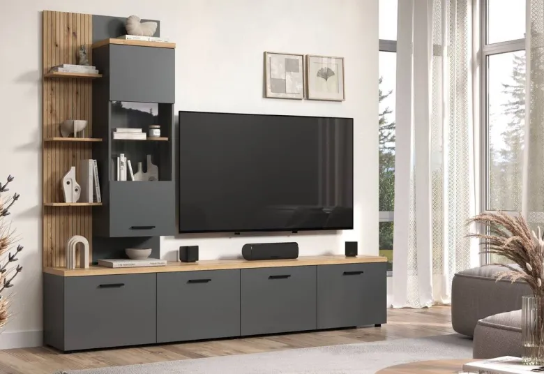 Wohnwand Baggio Eiche Evoke Coast Nachbildung anthrazit B/H/T: ca. 240x211x40 cm