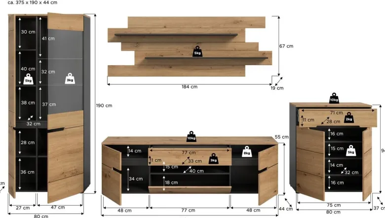 Wohnwand Canu basaltgrau Nachbildung Artisan Oak Nachbildung B/H/T: ca. 375x190x44 cm