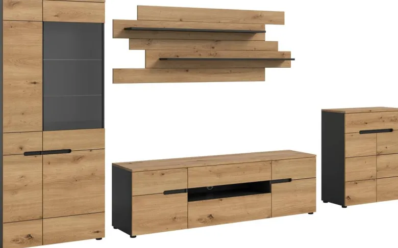 Wohnwand Canu basaltgrau Nachbildung Artisan Oak Nachbildung B/H/T: ca. 375x190x44 cm