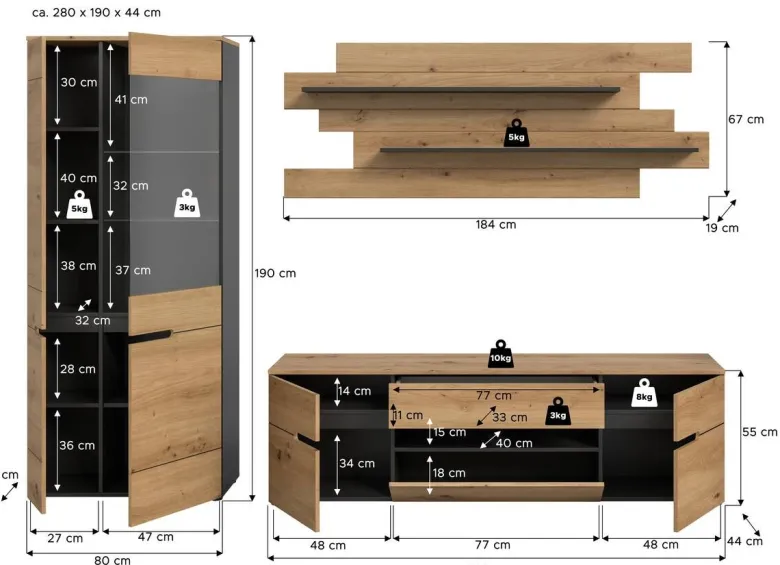 Wohnwand Canu basaltgrau Nachbildung Artisan Oak Nachbildung B/H/T: ca. 280x190x44 cm