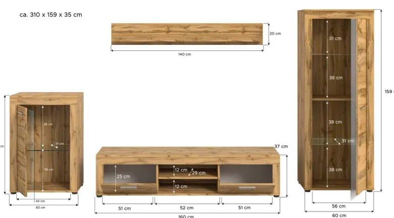 Wohnwand Jam Eiche Wotan Nachbildung B/H/T: ca. 310x169x35 cm
