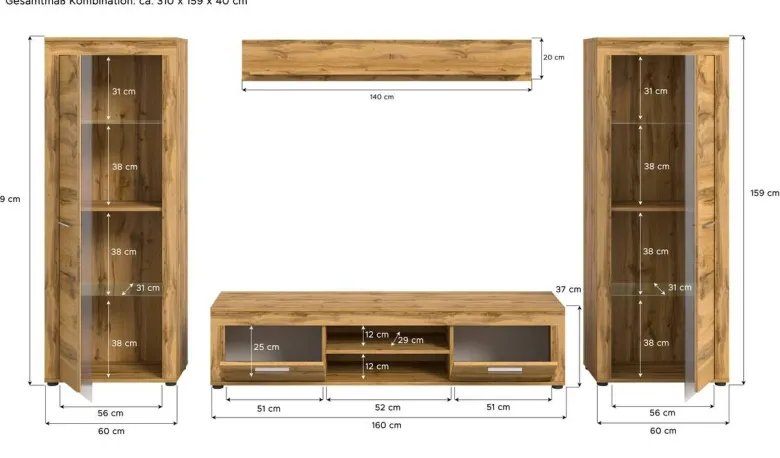 Wohnwand Jam Eiche Wotan Nachbildung B/H/T: ca. 310x159x35 cm