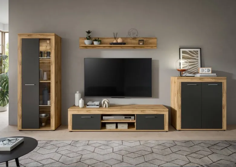 Wohnwand Jam Eiche Wotan Nachbildung grau B/H/T: ca. 330x159x35 cm