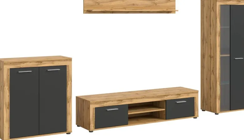 Wohnwand Jam Eiche Wotan Nachbildung grau B/H/T: ca. 330x159x35 cm