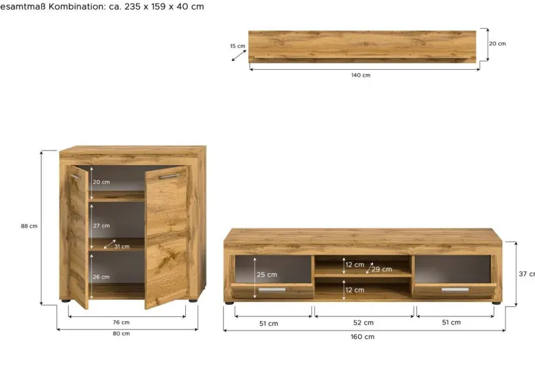 Wohnwand Jam Eiche Wotan Nachbildung B/H/T: ca. 255x159x35 cm