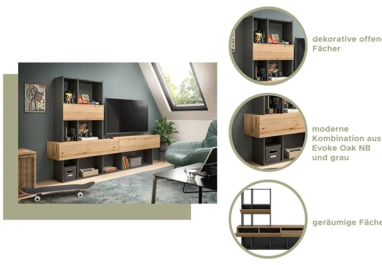 Wohnwand Lennox grau Eiche Evoke Coast Nachbildung B/H/T: ca. 210x147x38 cm
