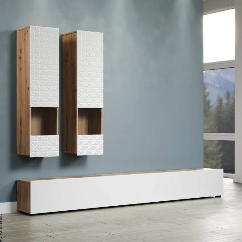 Wohnwand Rezzo weiß Oak Artisan Nachbildung B/H/T: ca. 241x200x30 cm