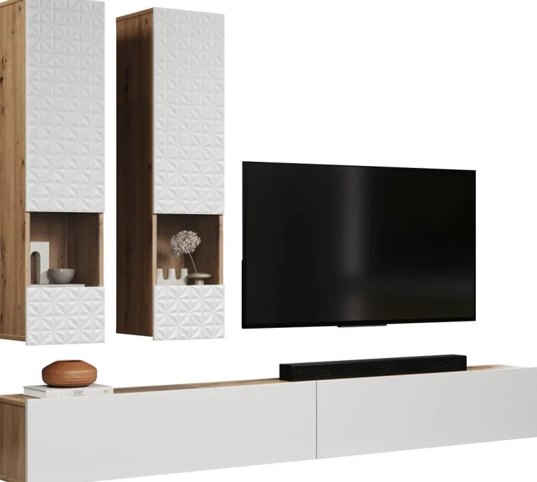 Wohnwand Rezzo weiß Oak Artisan Nachbildung B/H/T: ca. 241x200x30 cm