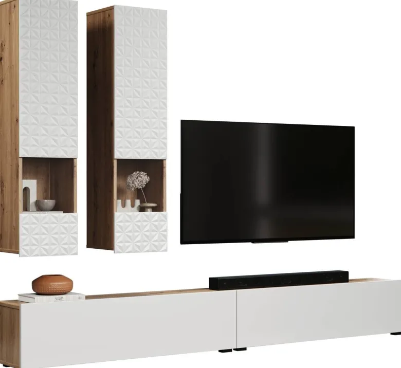 Wohnwand Rezzo weiß Oak Artisan Nachbildung B/H/T: ca. 241x200x30 cm